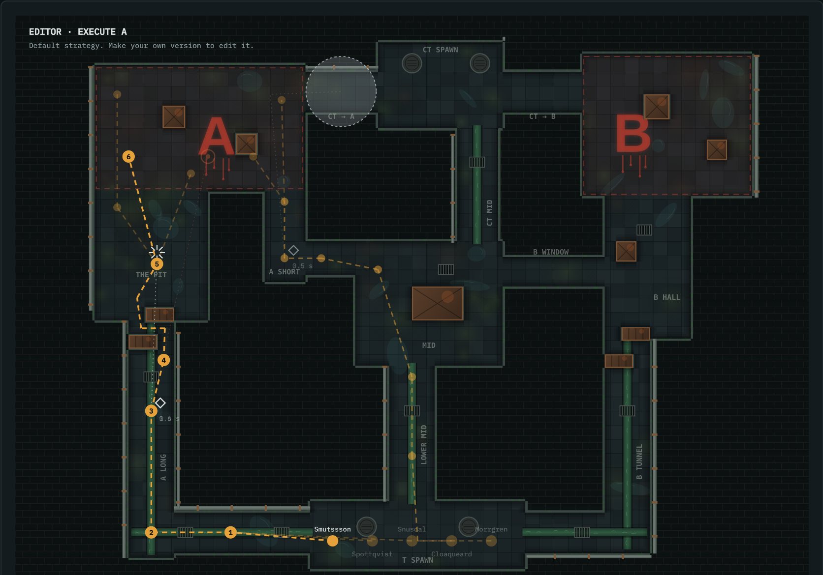 The strategy editor with routes, waypoints and grenades for all five players
